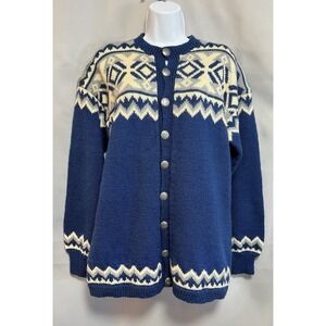 Norway‎ Wool Cardigan Sweater Blue & Ivory 1950's Vintage Norwegian Y2K